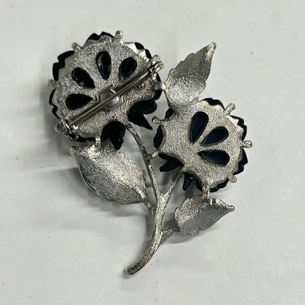 Gothic Black Rose Double Flower‎ Brooch Pin OS Silver Black Dark Romantic Grunge